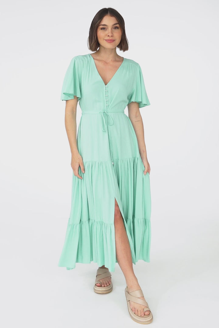 Anya Maxi Dress - Flutter Cap Sleeve Pull Tie Waist Dress in Aqua