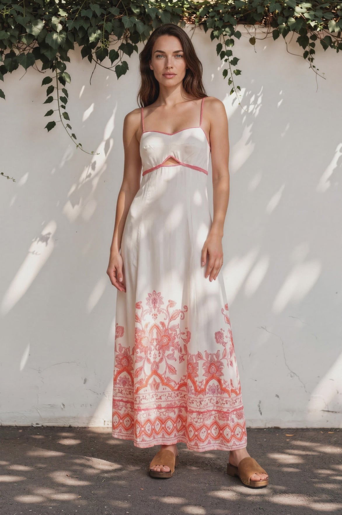 Aviva Maxi Dress - Spaghetti Strap A-Line Cut Out Detail Dress in Tawny Print