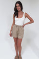 Stratton Shorts - Elasticated Tie Waist Shorts with Pockets in Beige