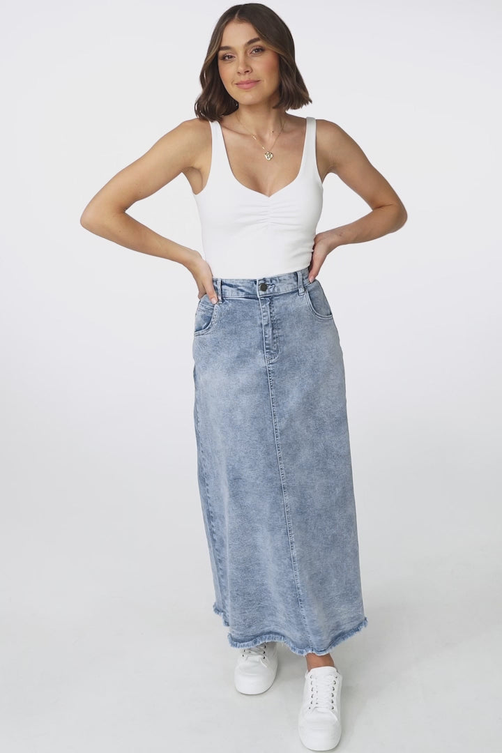 Granger Denim Maxi Skirt - High Waist Stretchy A-Line Skirt in Blue Denim