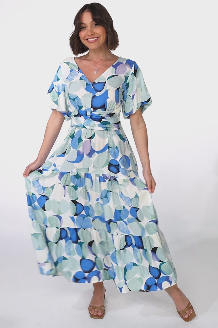 Elisa Maxi Dress - A-Line Dress with Short Puff Sleeves and Tiered Skirt in Maine Print