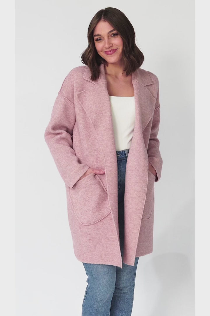 Kierce Cardigan - Folded Lapel Collar Coatigan with Pockets in Blush