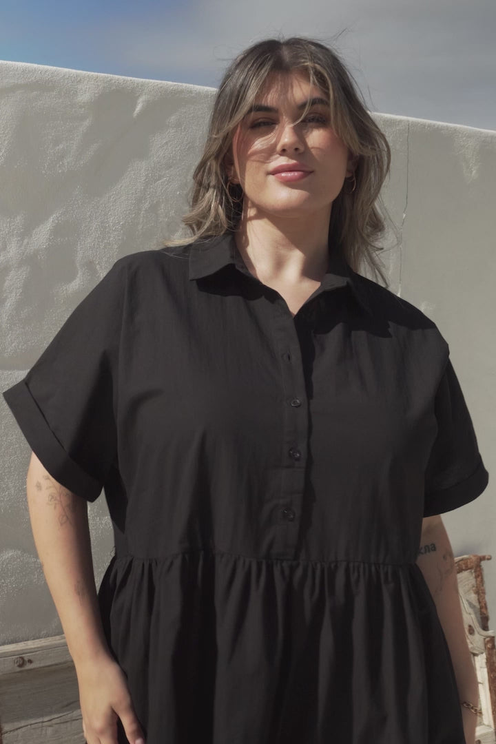 Estelle Mini Dress - Collared Tiered Smock Dress in Black