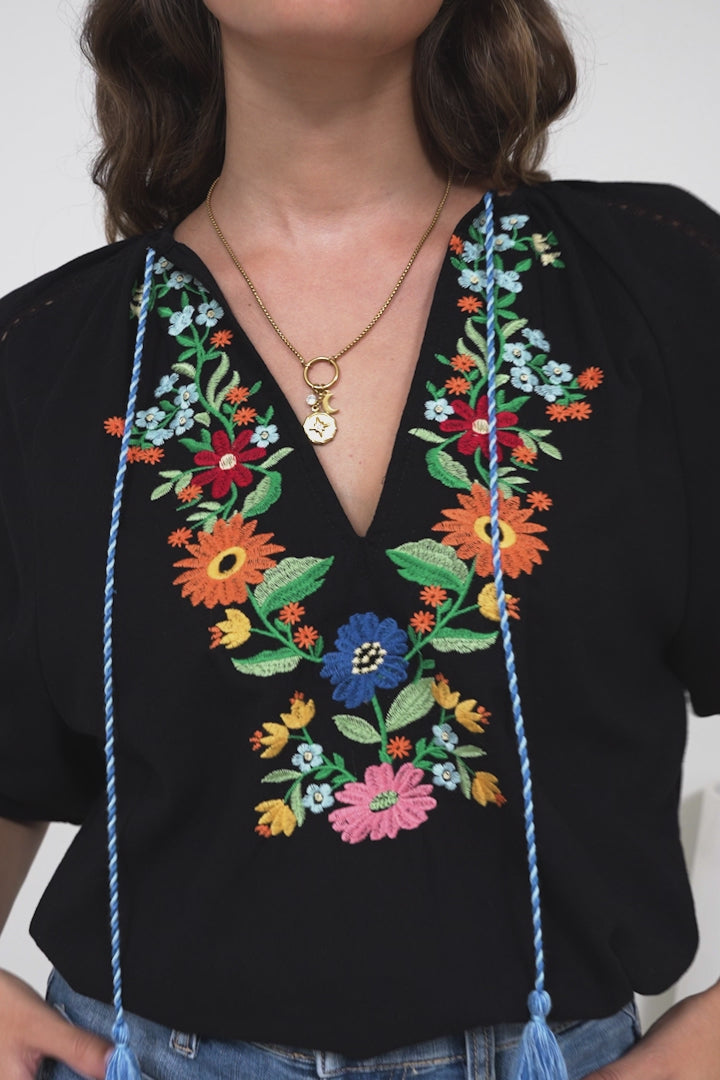 Margerie Top - Floral Embroidered Top with 3/4 Sleeves in Black