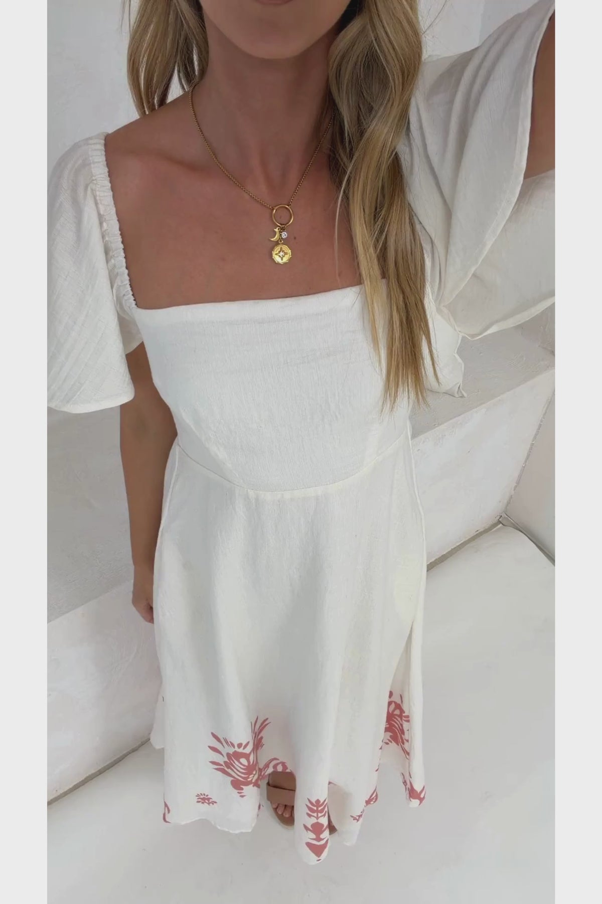 Miette Midi Dress - On or Off Shoulder A Line Dress with Border Print Hemline in Serenoa Print