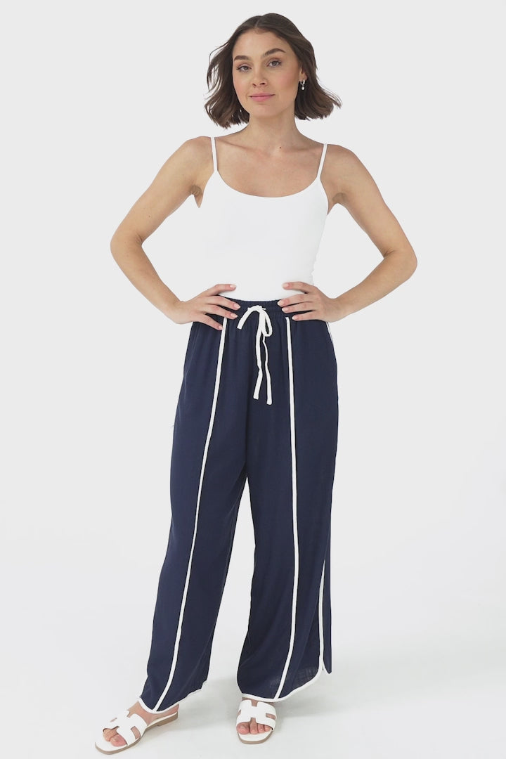 Danica Pants - High Waisted Relaxed Pant with Contrast Piping Details in Navy