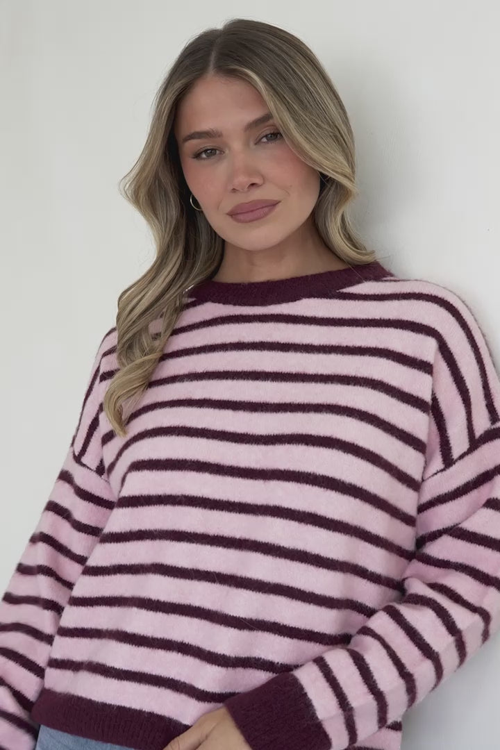 Hershey Jumper - Crew Neck Striped Ribbed Hem Knit in Pink/Wine