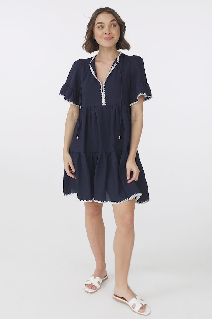 Eesha Mini Dress - Baby Doll Dress With Contrast Stitching Detailing in Navy