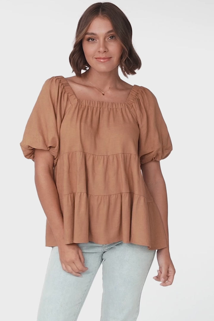 Harlen Top - On or Off Shoulder Tiered Top in Tan