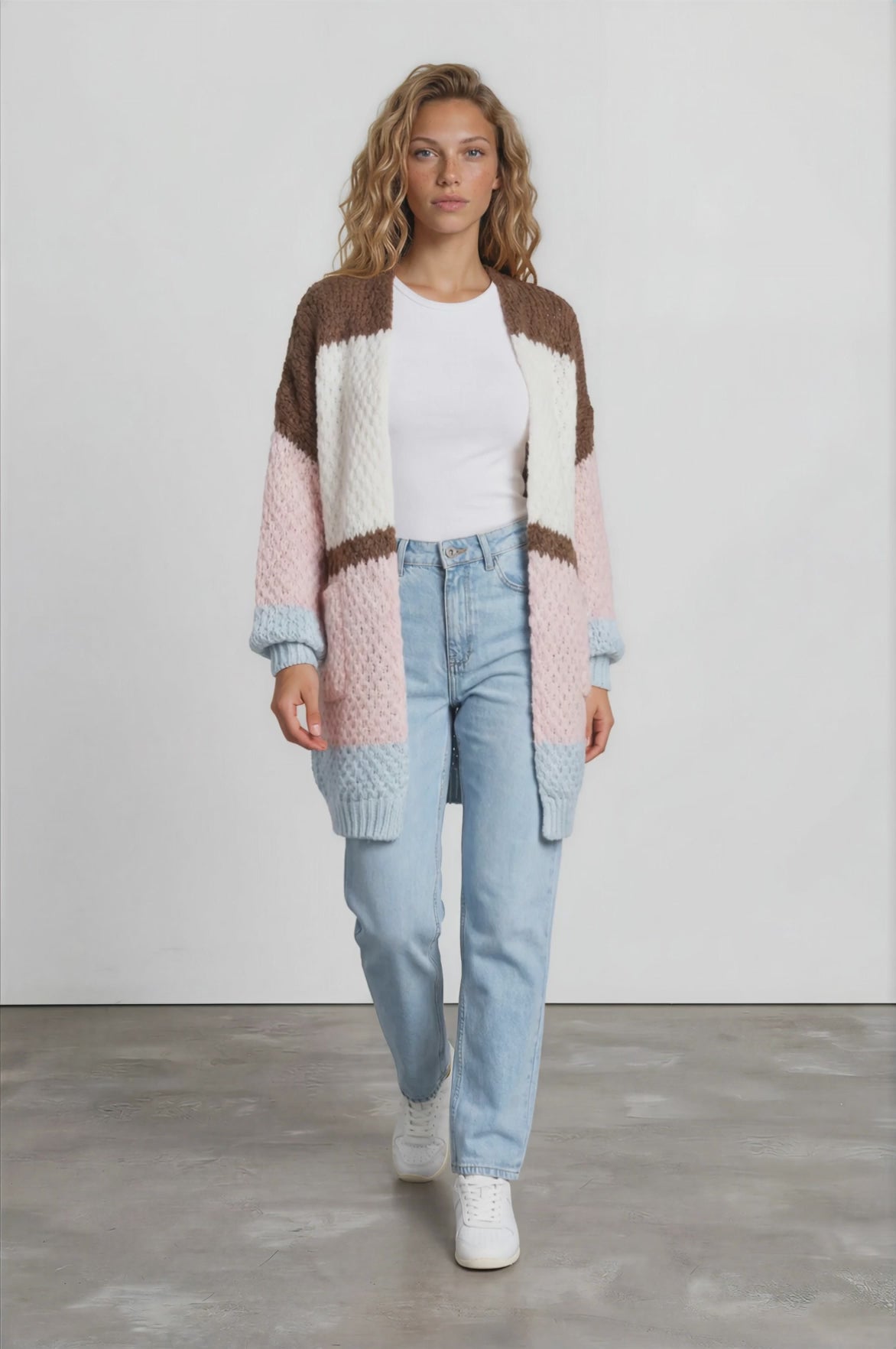 Hana Cardigan - Open Lattice Knit with Pockets and Balloon Sleeves in White/Coffee Multi
