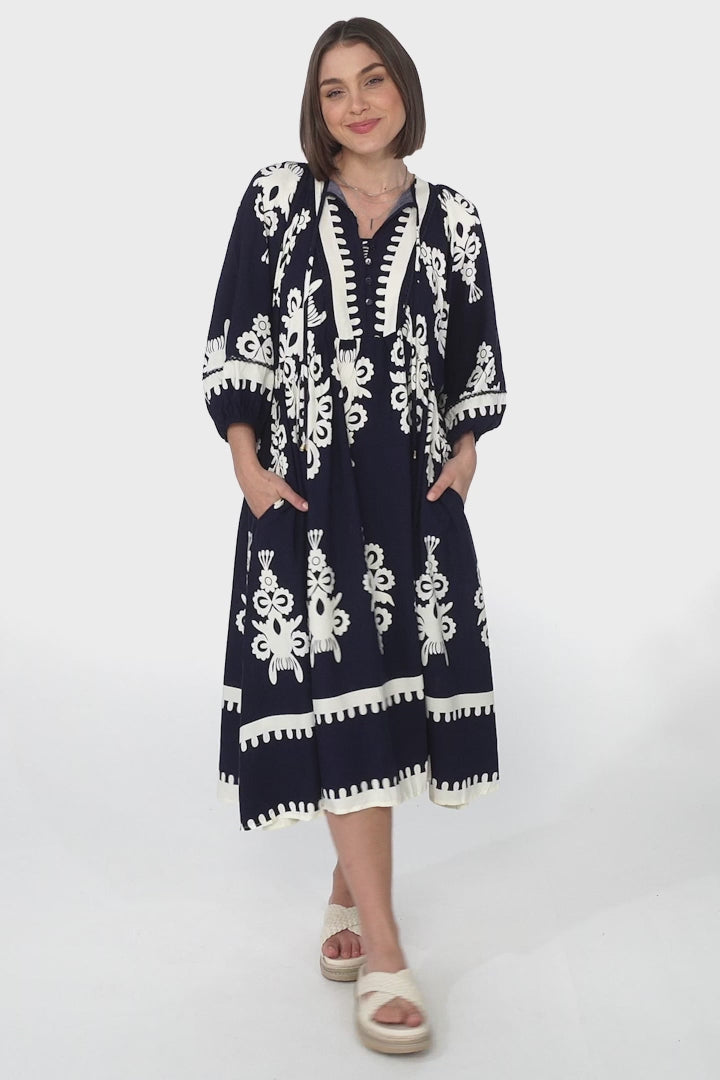 Kamali Midi Dress - Batwing Sleeve Smock Dress with Lace Detailing in Casper Print Navy