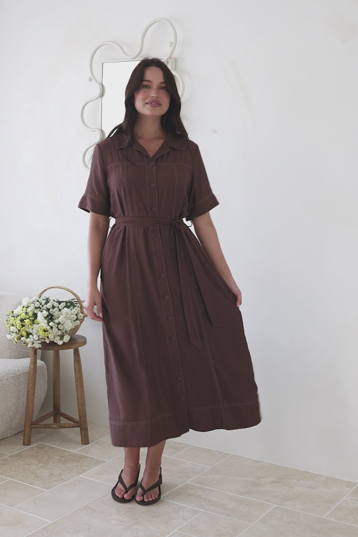 Model wearing Miranda Midi Dress in Chocolate from Salty Crush
