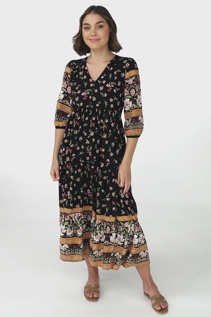 JAASE - Eve Midi Dress: V Neck Tiered Dress with Option Waist Tie in Eternity Print