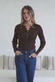 Emilia Knit Top - Gold Button Neckline Ribbed Top in Chocolate