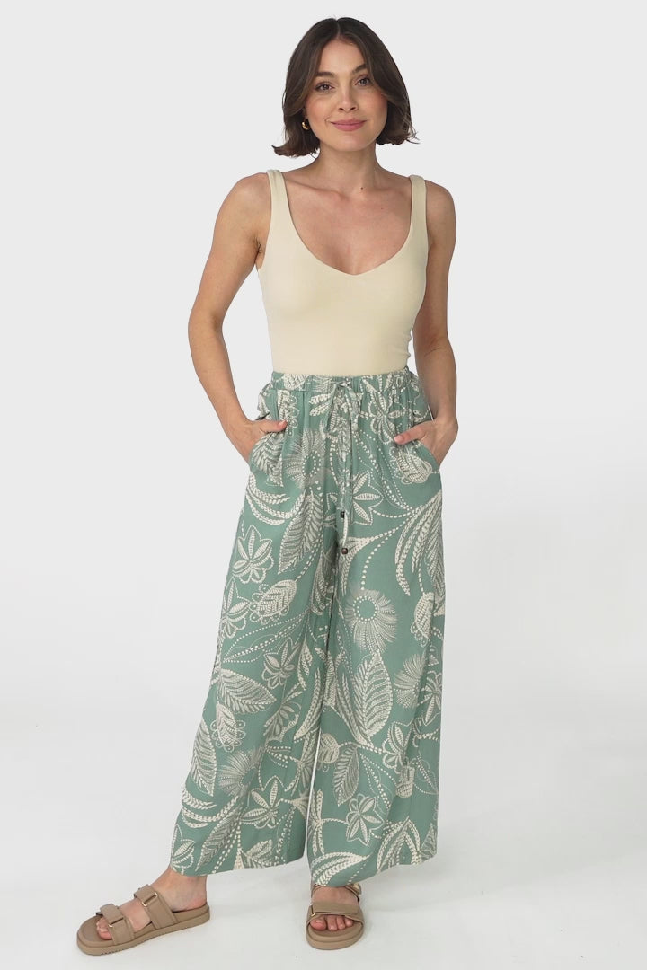 Mahina Pants - High Waisted Straight Leg Pants Havanna Print in Green