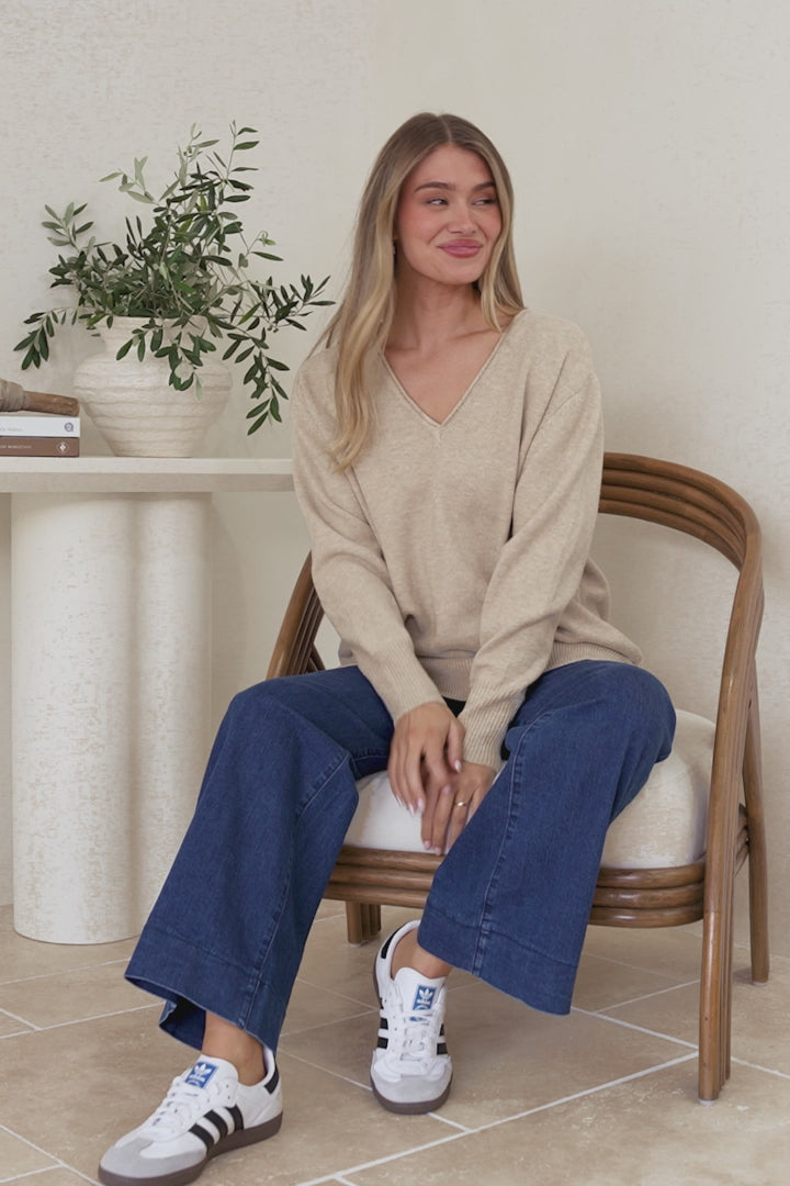 Clarke Jumper - V-Neck Batwing Sleeve Ribbed Step Hemline Knit in Camel