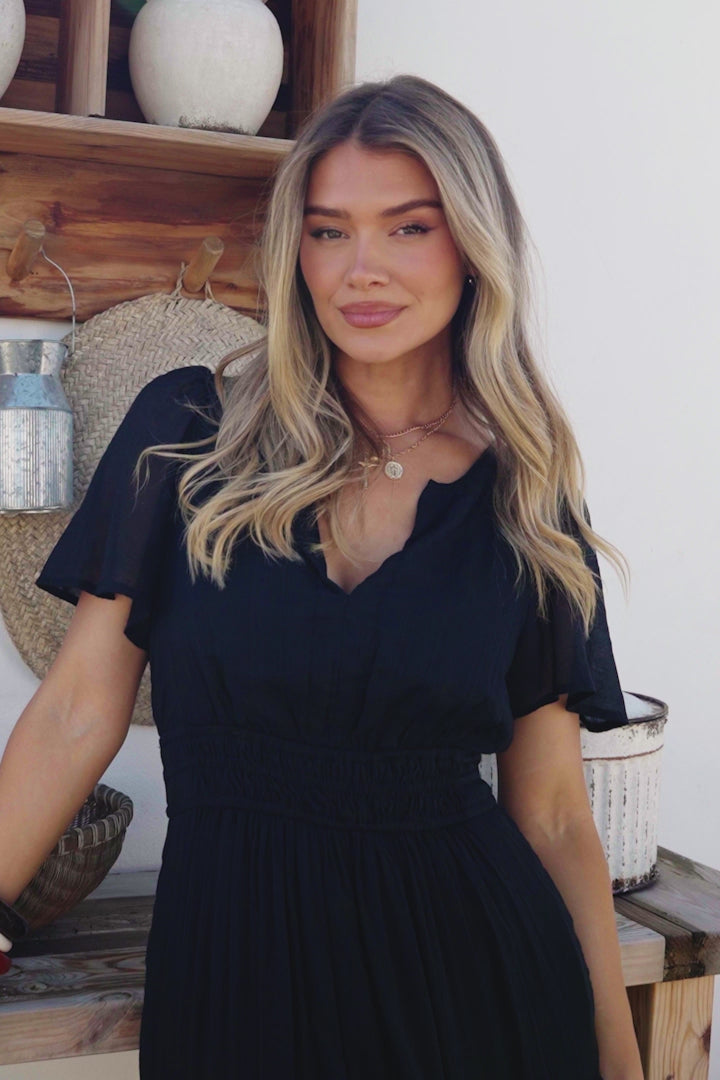 Payton Maxi Dress - Pleat Detailed A-Line Dress with Cap Flutter Sleeves in Black