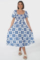 Shira Midi Dress - On Or Off Shoulder Elasticated Bodice Dress With Short Balloon Sleeves In Flux Print Blue