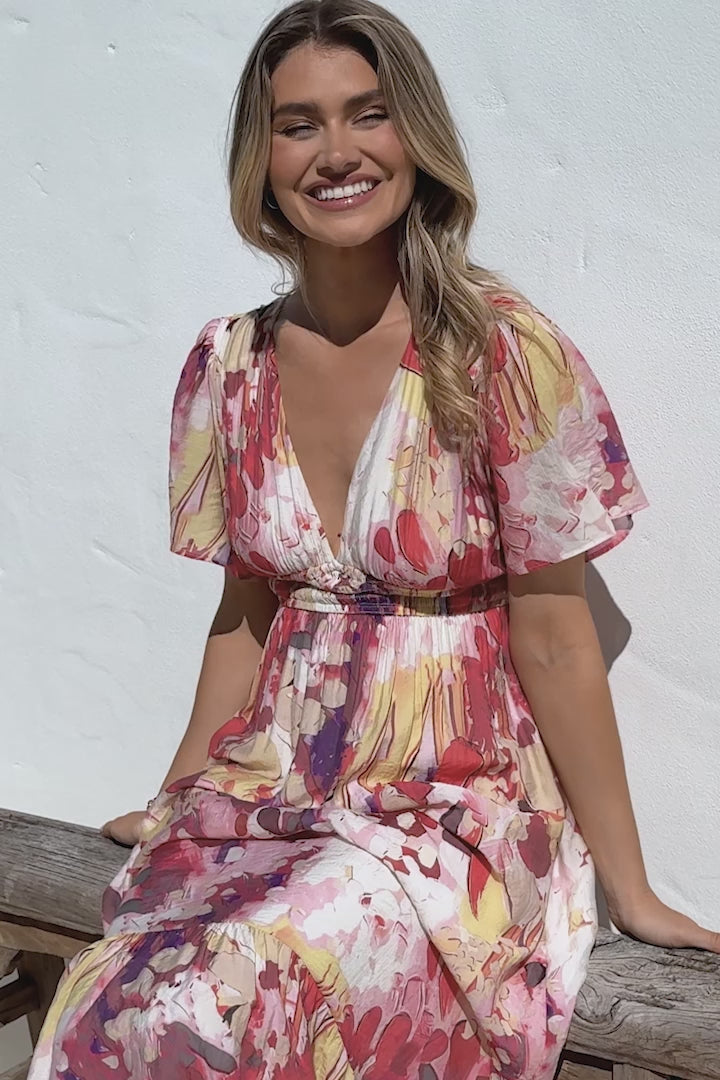 Glades Maxi Dress - V Neck Shirred Waist A Line Dress in Kamara Print Red