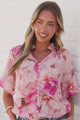 Jennara Blouse - Button Front Blouse with Smocked Yoke Detail and Short Sleeves in Marnie Print