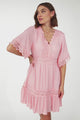 Leelie Mini Dress - Lace Embelished Tiered Dress with Bell Sleeves in Pink