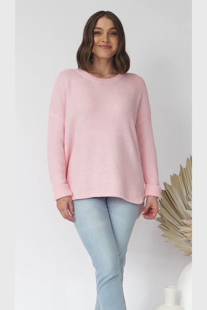 Kanza Jumper - Waffle Knit Scoop High-Low Hem Jumper in Pink