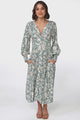 Jolie Midi Dress - V Neck Buttoned Down Long Sleeve Dress in Taralen Print Duck Egg Blue