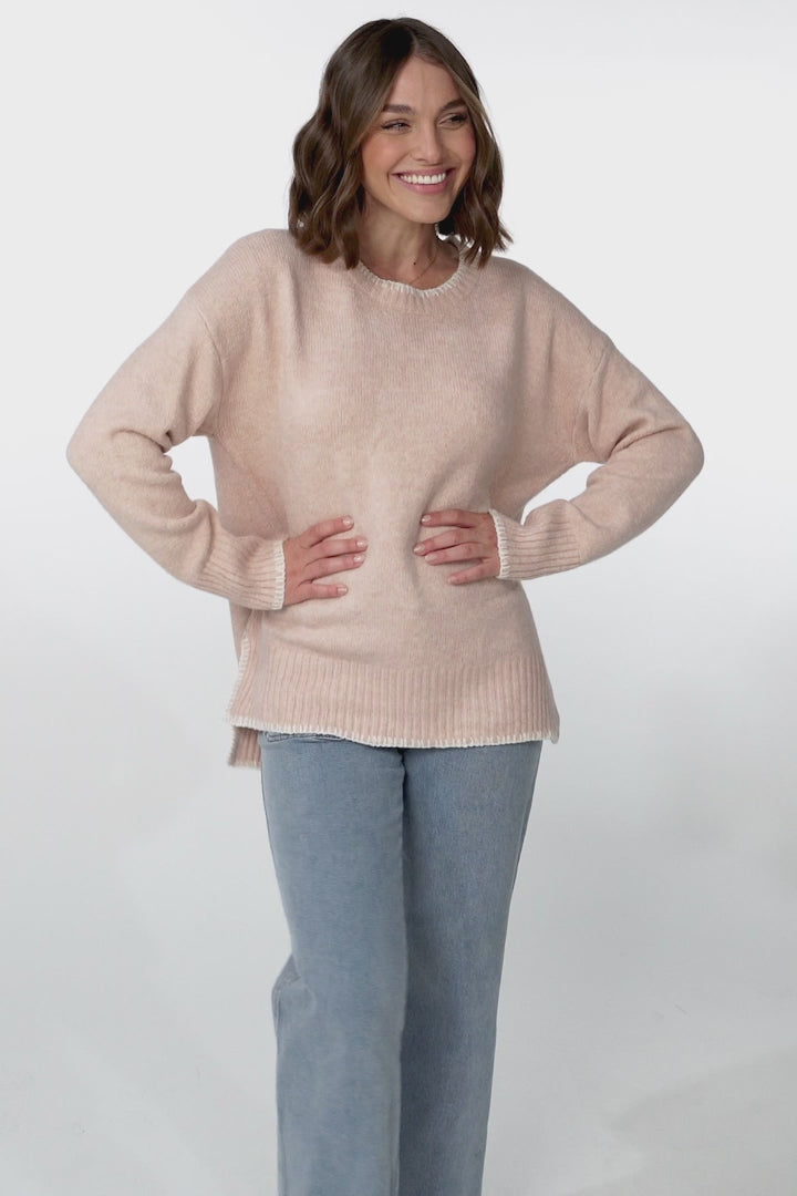 Kindra Jumper - Crew Neck Pull Over with Contrast Stitching in Pink Marle