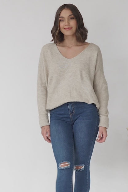 Carol Knit Top - Soft V Neck Batwing Sleeve Knit Top in Oatmeal