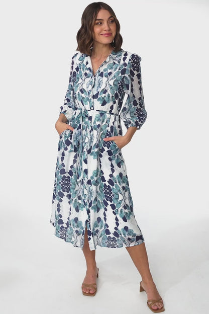 Lorinie Midi Dress - Collared Shirt Dress with Matching Waist Tie in Calea Print Blue