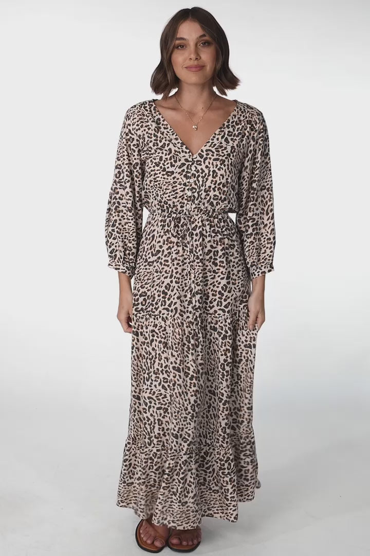 Perrie Maxi Dress - V Neck 3/4 Sleeve Dress with Pull Tie Waist in Leopard Print