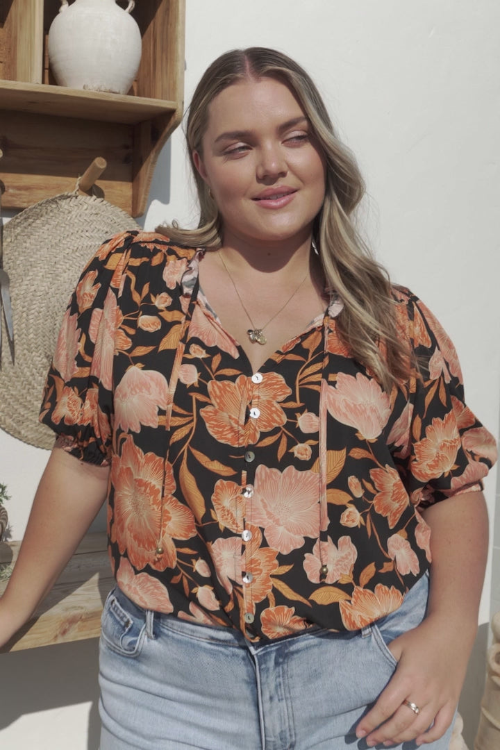 Neo Blouse - High Frill Collar Button Down Shirt in Yasmin Print Black