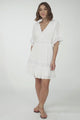 Leelie Mini Dress - Lace Embellished Tiered Dress with Bell Sleeves in White