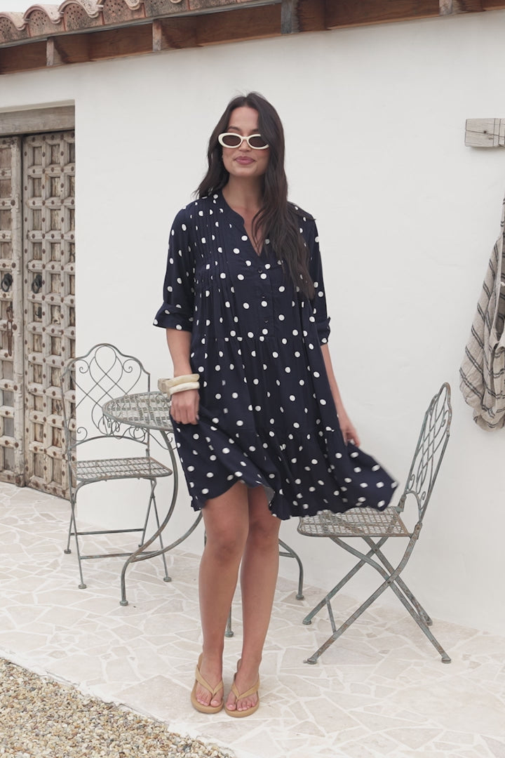 Evie Mini Dress - 3/4 Sleeve Tiered Smock Dress in Parisian Polka Navy