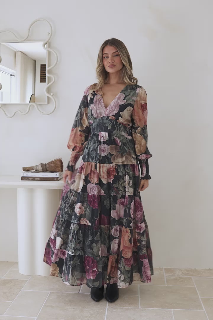 Trina Maxi Dress - Deep V Neck Tiered A-Line Dress with Balloon Sleeves in Annalisa Print