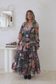 Trina Maxi Dress - Deep V Neck Tiered A-Line Dress with Balloon Sleeves in Annalisa Print