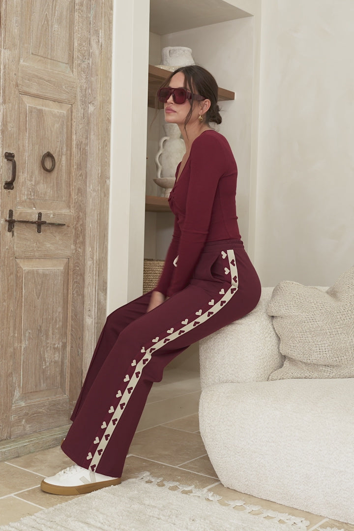 Victoria Pants - High Waisted Sports Heart Stripe Wide Leg Pants in Merlot