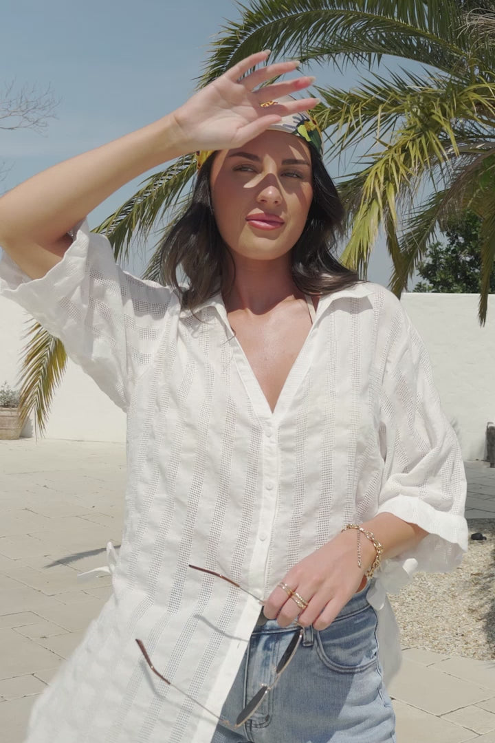 Beachly Mesh Shirt - Cotton Mesh Stripe Relaxed Button Down Shirt in White