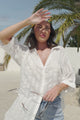 Beachly Mesh Shirt - Cotton Mesh Stripe Relaxed Button Down Shirt in White