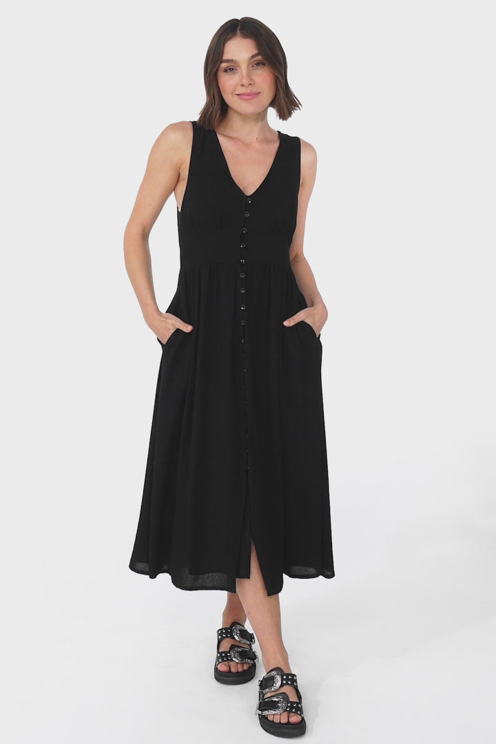 Anaya Midi Dress - V Neck Linen/Cotton Blend Button Down Sleeveless Dress in Black