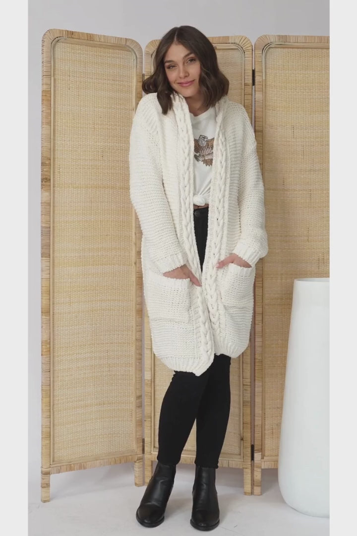 Toolara Cardigan - Thick Cable Knit Hooded Cardigan with Pocket in Cream