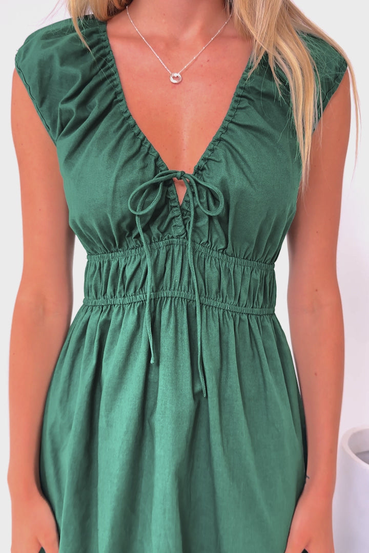 Miramar Midi Dress - V-Neck Gathered Bust Cap Sleeve Dress with Pockets in Emerald