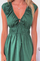 Miramar Midi Dress - V-Neck Gathered Bust Cap Sleeve Dress with Pockets in Emerald