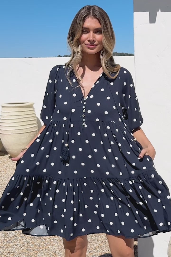 Marah Mini Dress - Mandarin Collar Short Sleeve with Tie Smock Dress in Parisian Polka Navy