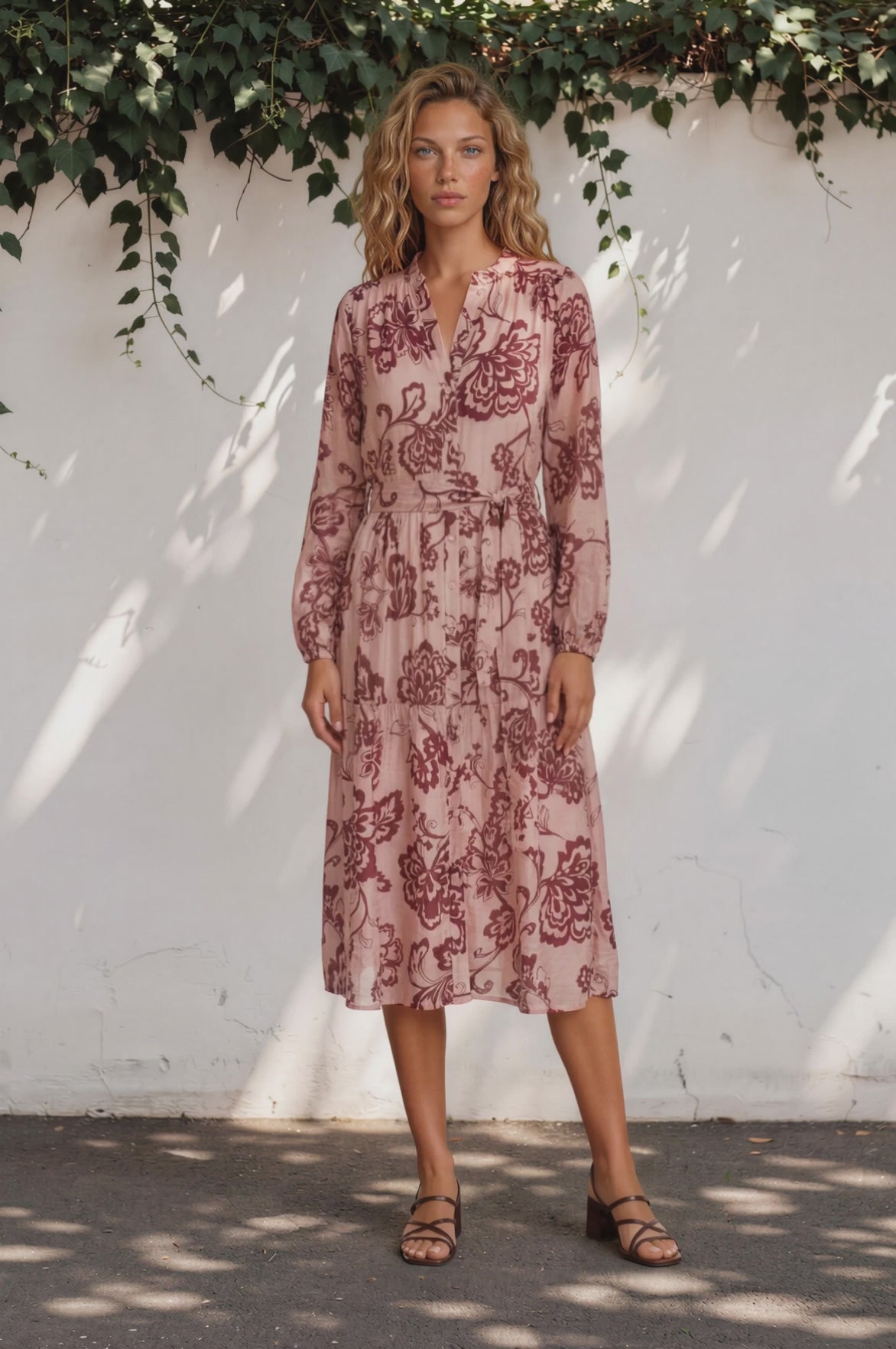 Katie Midi Dress - V-Neckline Dress with Long Sleeves in Elisha Print