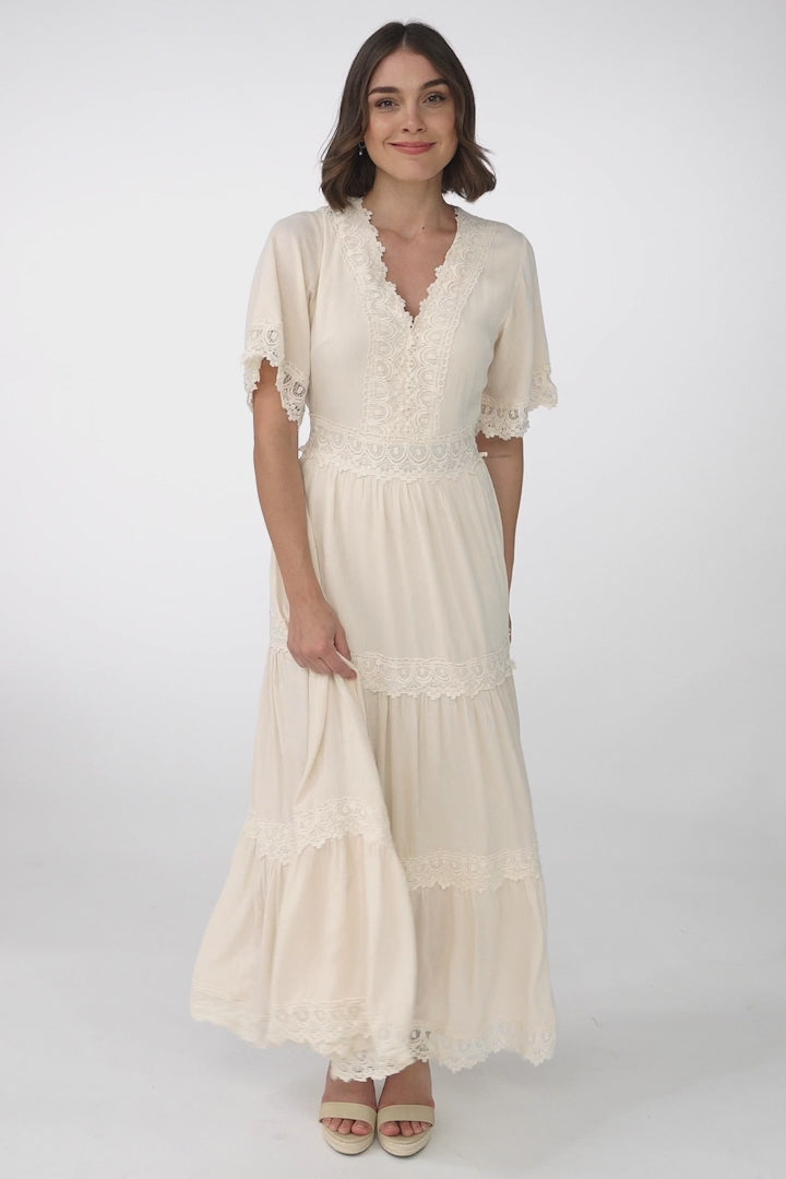 Peony Maxi Dress - Lace Detailed A Line Dress with Flute Sleeves in Cream