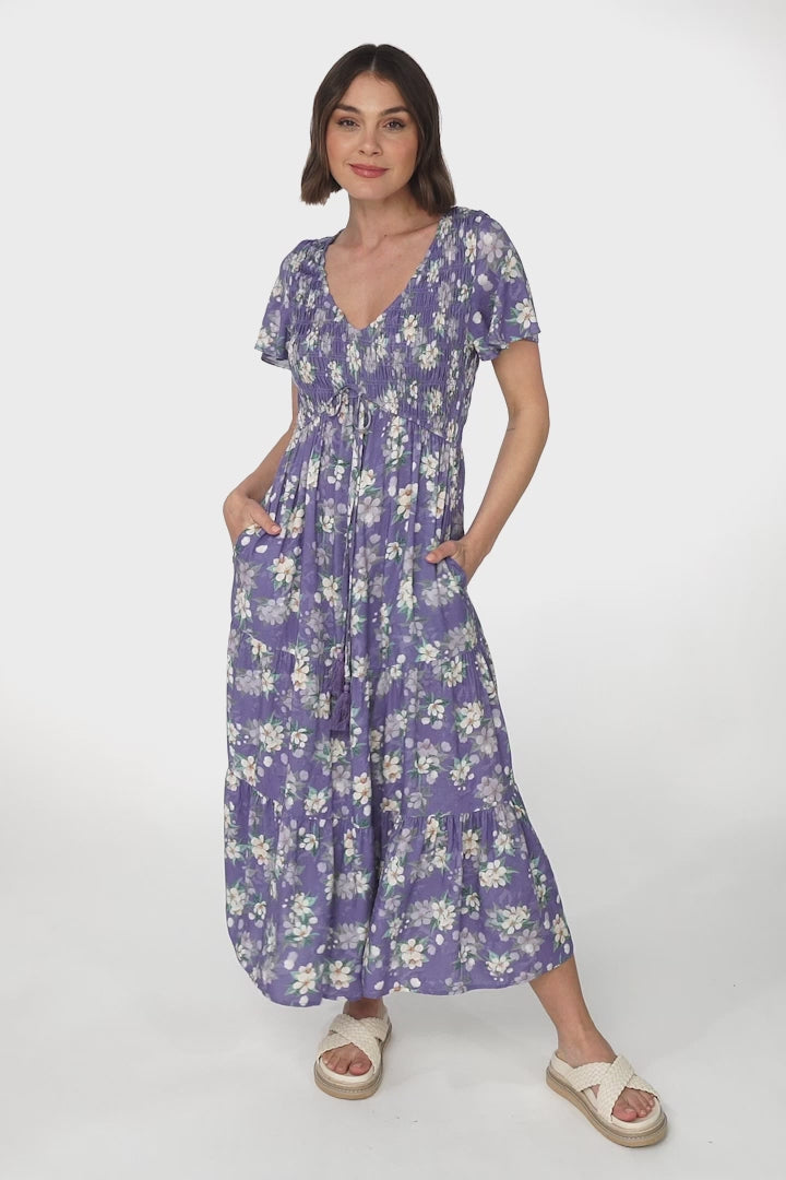 Amaya Midi Dress - Shirred Cap Sleeve A Line Dress in Ishaka Print