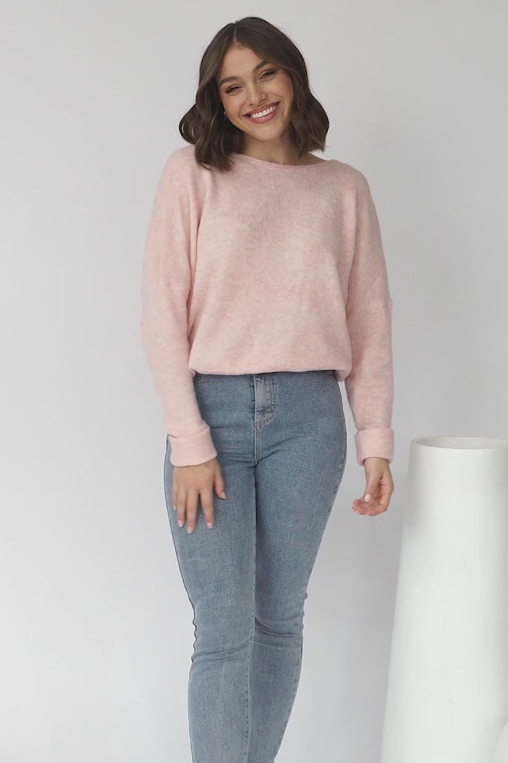 Joanne Knit Top - Crew Neckline Bat Wing Long Sleeve Top in Pink