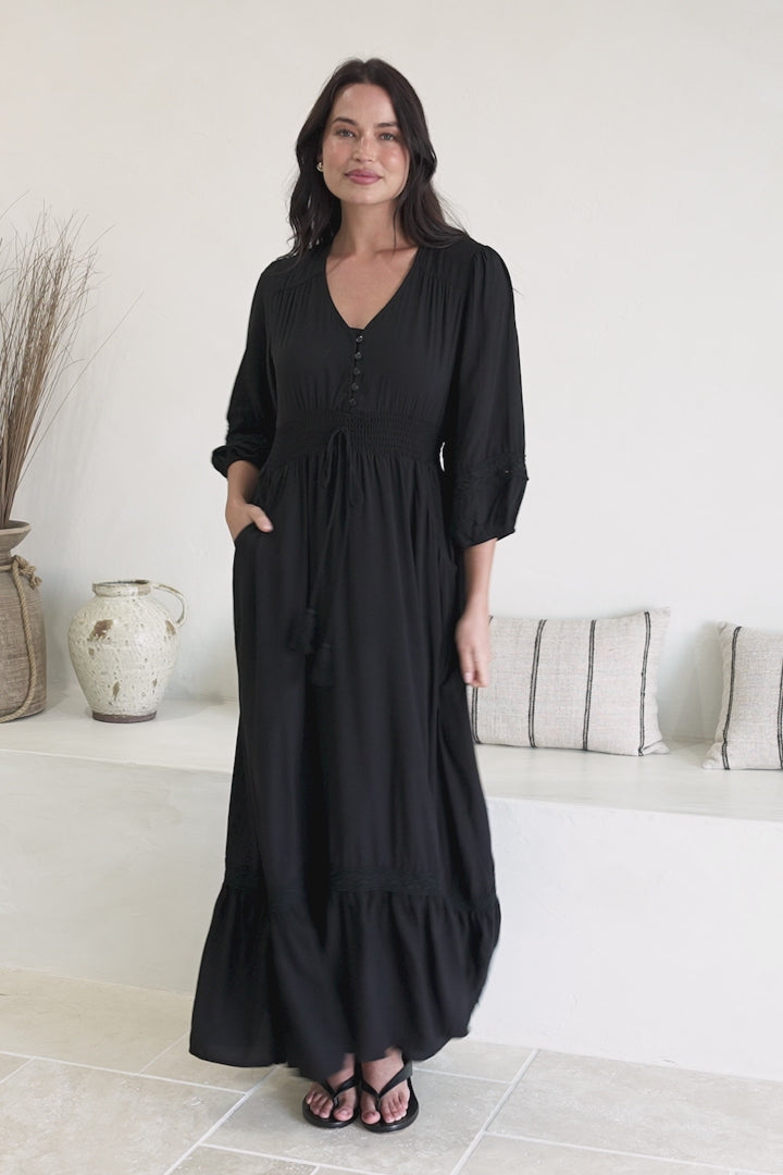 Kiaba Maxi Dress - V-Neck Buttoned Bodice 3/4 Sleeve A-Line Dress with Lace Inserts in Black