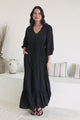 Kiaba Maxi Dress - V-Neck Buttoned Bodice 3/4 Sleeve A-Line Dress with Lace Inserts in Black